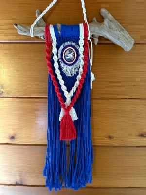 Red/white/blue Macrame with a bead embroidered polymer clay centerpiece by KLEW