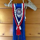 Red/white/blue Macrame with a bead embroidered polymer clay centerpiece by KLEW