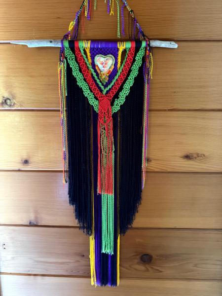 Black/green/orange Macrame with bead embroidered polymer clay piece by KLEW centerpiece