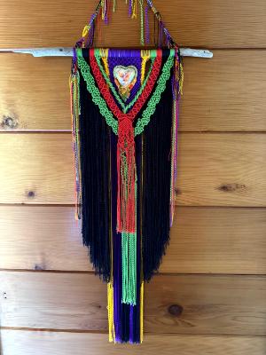 Black/green/orange Macrame with bead embroidered polymer clay piece by KLEW centerpiece