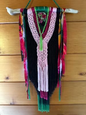 Black/pink/green Macrame with bead embroidered silk ends centerpiece