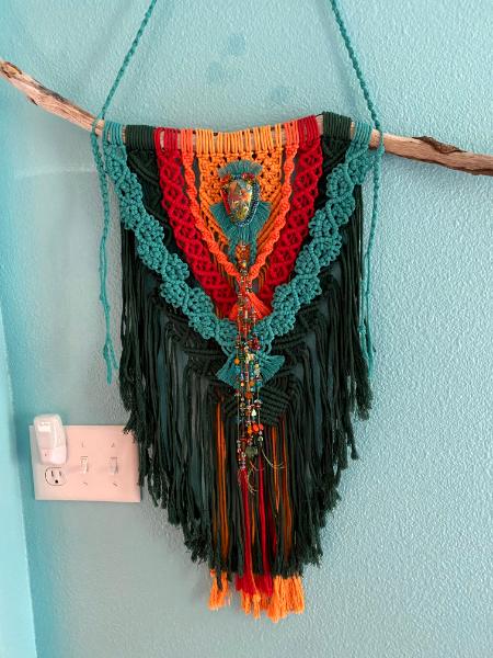 SOLD  Green/turquoise/red/orange Macrame with bead embroidered polymer clay piece by KLEW centerpiece