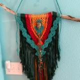 SOLD  Green/turquoise/red/orange Macrame with bead embroidered polymer clay piece by KLEW centerpiece