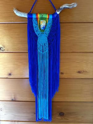 Blue and Turquoise Macrame with Dichroic Glass centerpiece