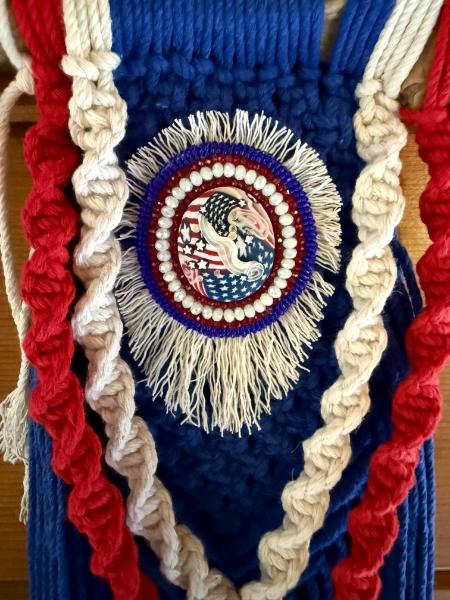 Red/white/blue Macrame with a bead embroidered polymer clay centerpiece by KLEW