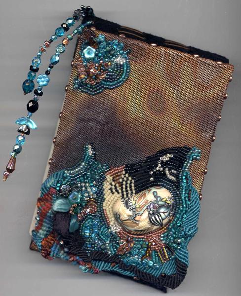 Handmade copper book with freeform Macrame and bead embroidery