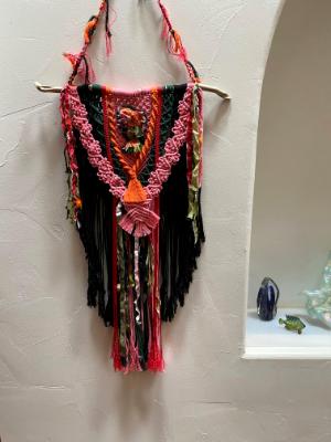 SOLD  Black/green/pink /orange Macrame with bead embroidered silk ends centerpeice