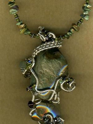 Green Stone Wire Wrapped Necklace #3