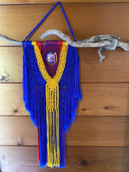 Blue/yellow with bead embroidered dichroic glass centerpiece