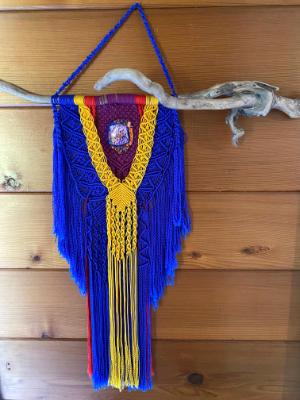 Blue/yellow with bead embroidered dichroic glass centerpiece