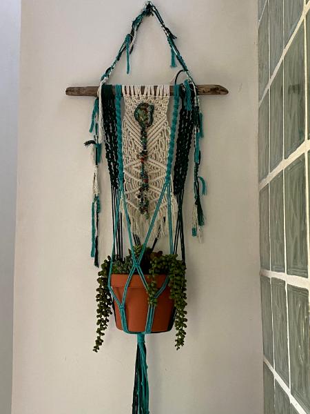 SOLD  White/turquoise Macrame plant hanger
