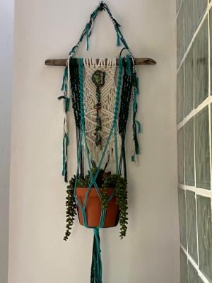 SOLD  White/turquoise Macrame plant hanger