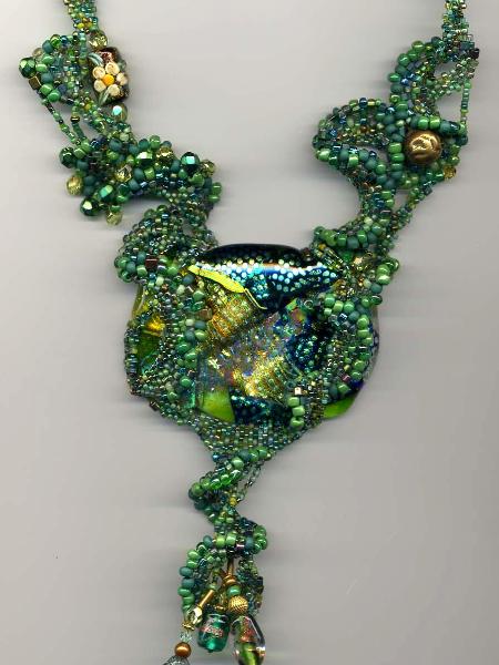 Green Fused Glass Freeform Peyote Stitch Necklace