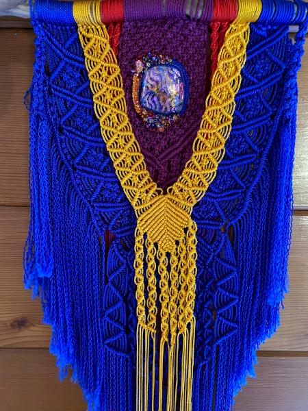 Blue/yellow with bead embroidered dichroic glass centerpiece