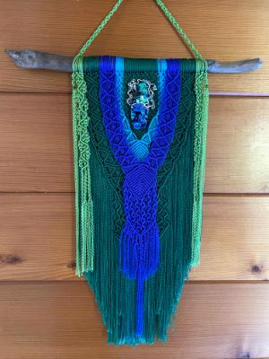 Green/blue Macrame with wire wrapped dichroic centerpiece