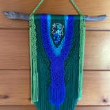 Green/blue Macrame with wire wrapped dichroic centerpiece