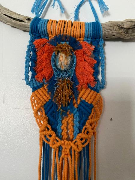 Blue/orange Macrame with bead embroidery around a polymer clay Koi centerpiece by KLEW