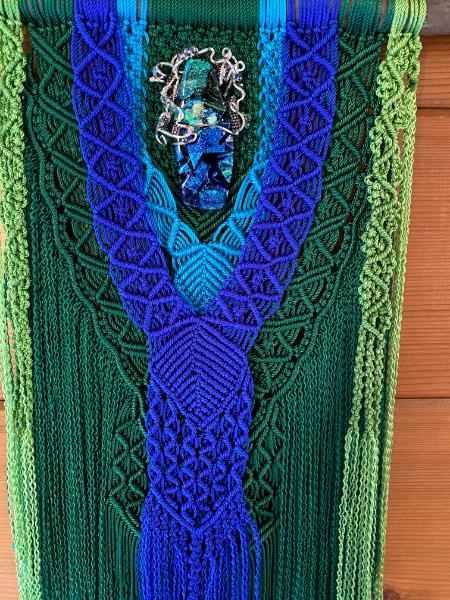 Green/blue Macrame with wire wrapped dichroic centerpiece