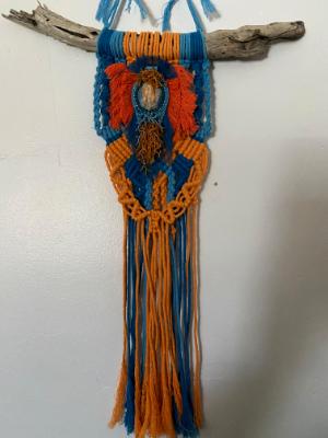 Blue/orange Macrame with bead embroidery around a polymer clay Koi centerpiece by KLEW