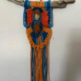 Blue/orange Macrame with bead embroidery around a polymer clay Koi centerpiece by KLEW